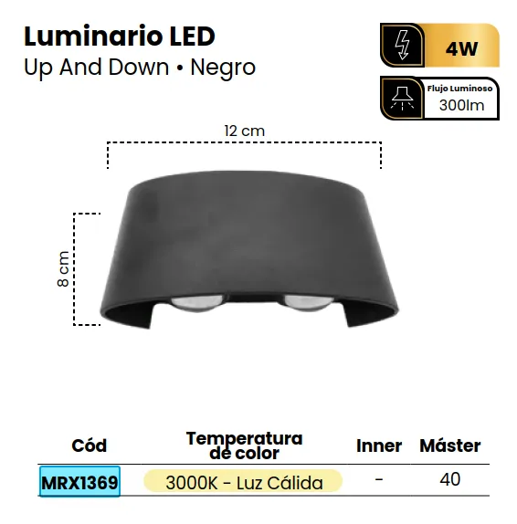 (MRX1369)LUMINARIO UP & DOWN  LUZ CALIDA 4W NEGRO MERCURY.webp