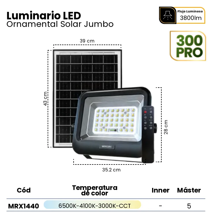 (MRX1440)REFLECTOR SOLAR LUZ CALIDA Y LUZ BCA 300 PRO MERCURY.webp