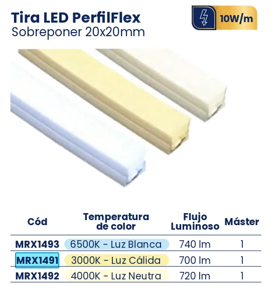 (MRX1491)TIRA LED PERFILFLEX SOBREPONER 25M LUZ CALIDA 20X 20 MERCURY