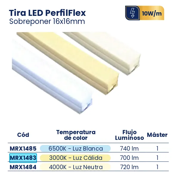 [MRX1483] (MRX1483) TIRA LED PERFILFLEX SOBREPONER 16X16 LUZ CALIDA MERCURY
